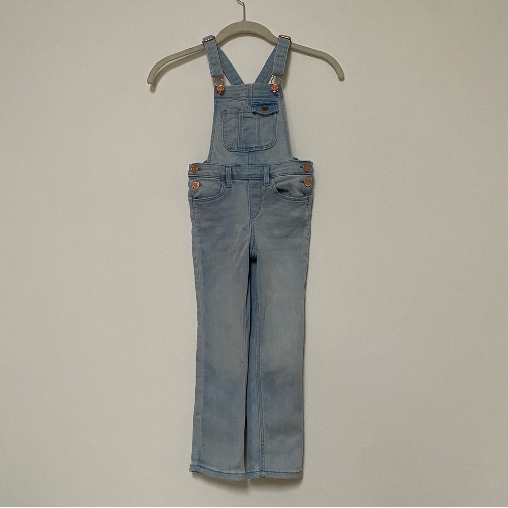 H&M Girls Denim Slim Overalls Size 4-5 Light Blue Rose Gold
